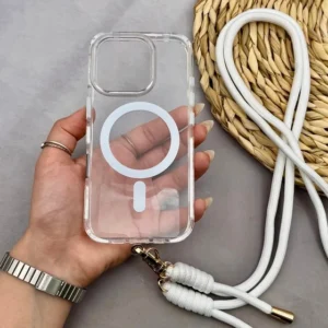 قاب گوشیiPhone 16 Pro max آیفون لاکچری شفاف طلقی مگ سیف دار اورجینال دارای بند بلند سفید کد p19627